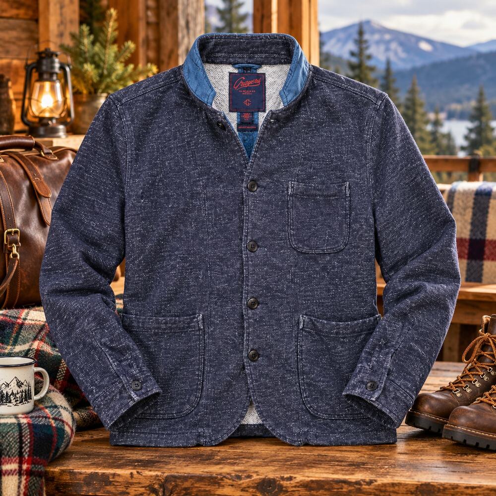 Grayers Jacket Mens Large Navy 100% Cotton Knit Chore Blazer Soft Workwear